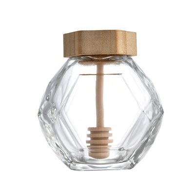 kopen 380ML de Dekking van glashoney hexagon jar with wooden en Houten Plonsbar online vervaardiging